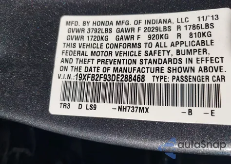 2013 Honda Civic Ex-L from USA, damaged, VIN 19XFB2F93DE288468